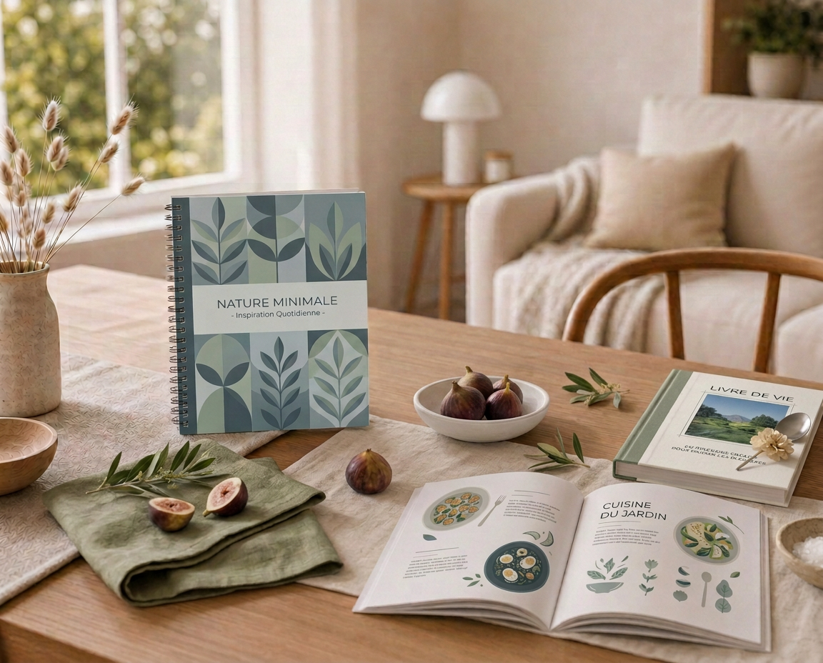 Livres de famille et de recettes posés sur une table en bois, à côté d'un vase de fleurs séchées