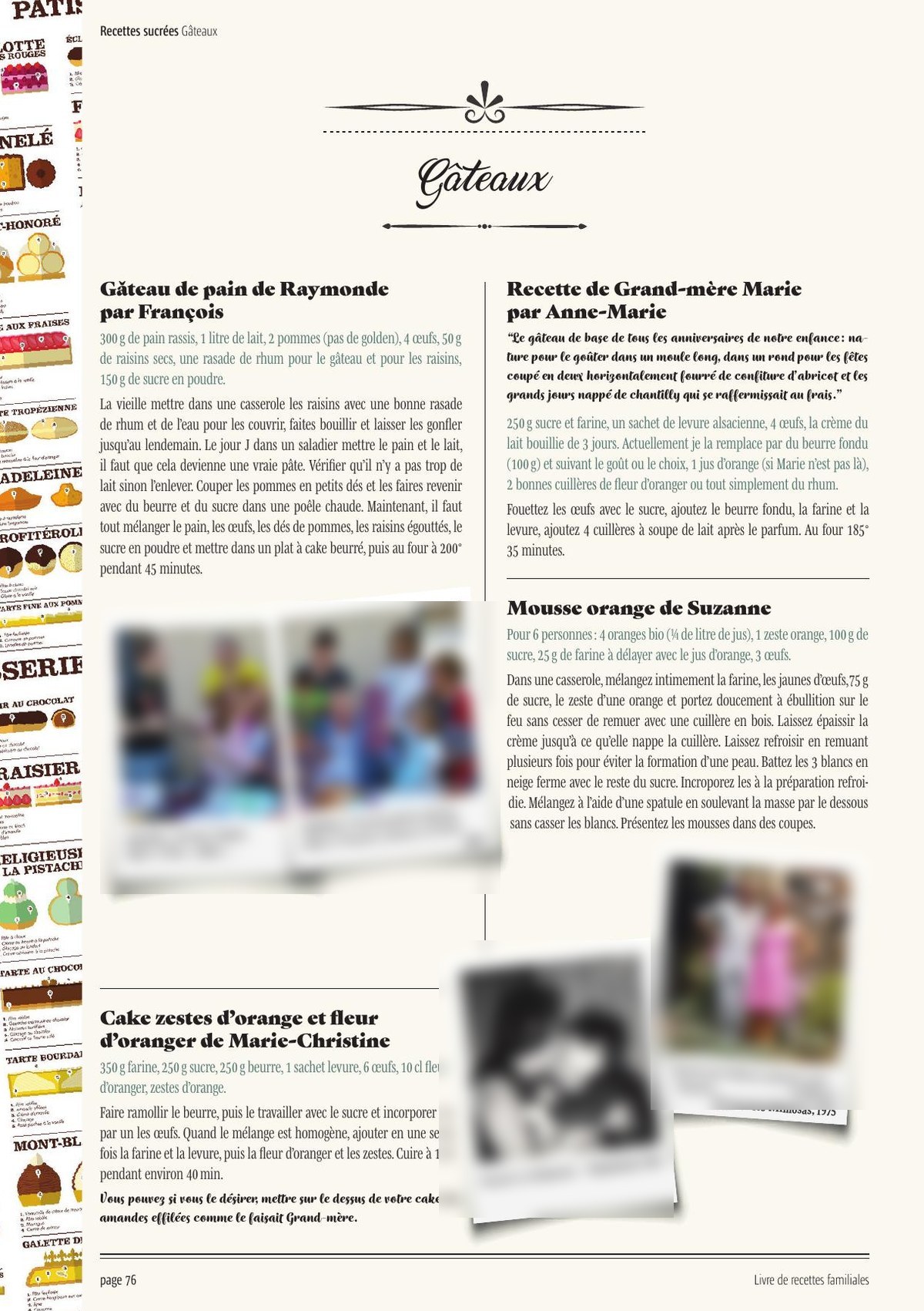 Page du livre de recettes familiales avec photos et anecdotes